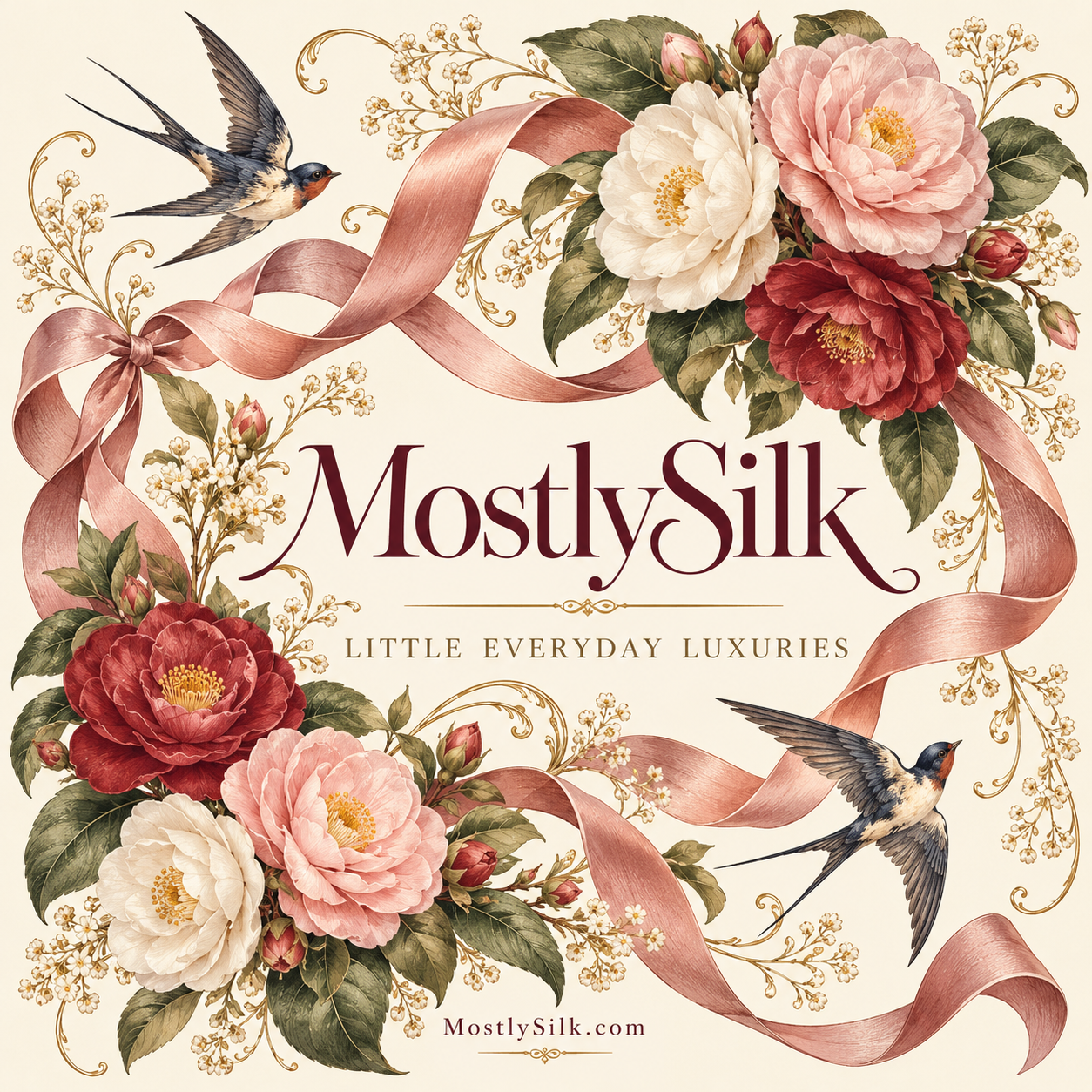MostlySilk botanical collection with camellias, swallows and rose ribbons