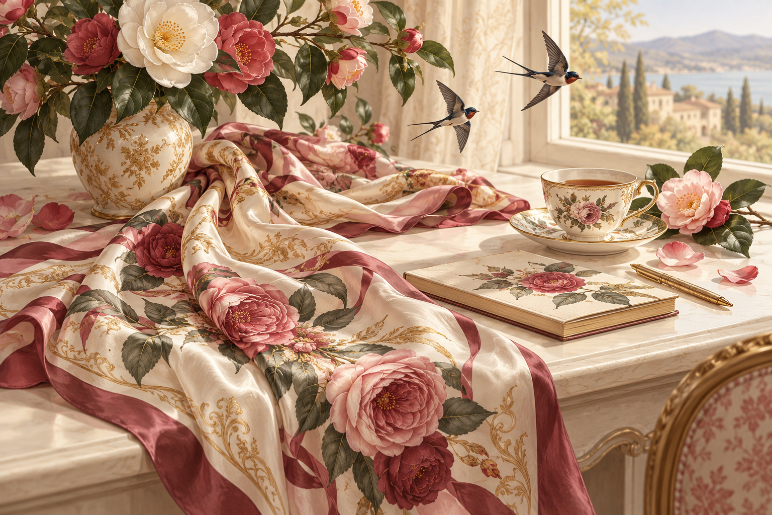 Rose fabric, camellia blossoms and a notebook in a calm botanical still life